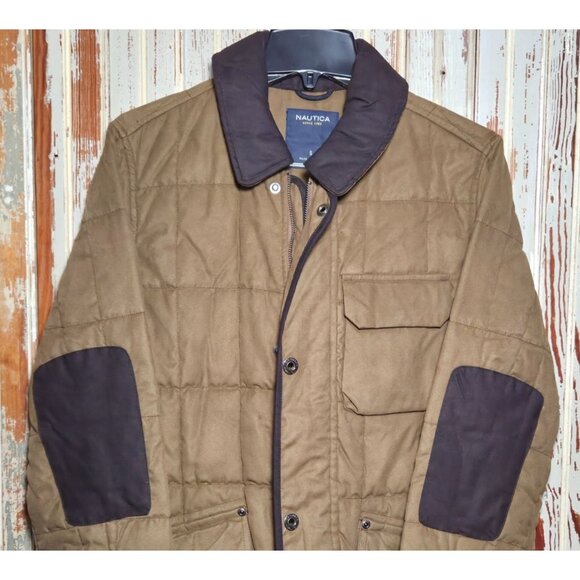 Nautica Quilted Brown Jacket Elbow Patches Snap &  Zip Closure Size Small - Picture 2 of 7